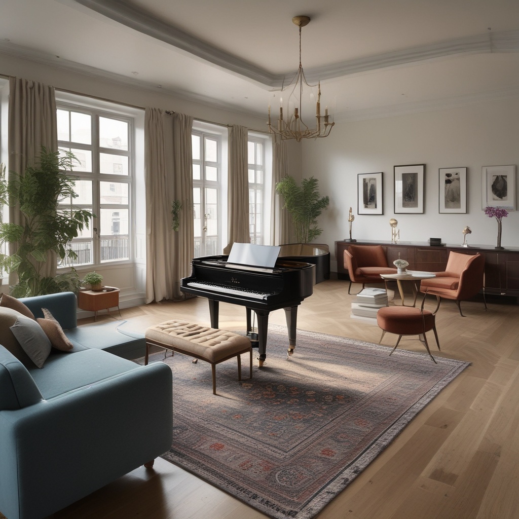 A spacious living room with a piano